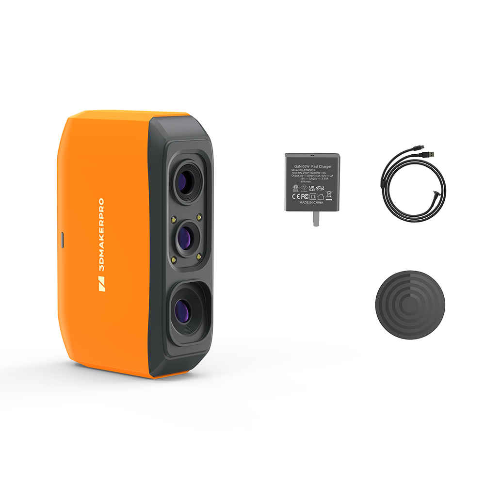 3DMakerpro EU Fox 3D Scanner unboxing contents: includes one scanner, manual turntable, power adapter, and cables.