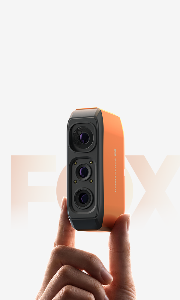 210g ultralight 3DMakerpro EU Fox 3D Scanner in bright orange, easily held by two fingers.